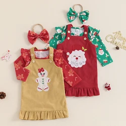 Baby Girl Christmas Outfits Santa/Gingerbread Man Print Long Sleeve Romper Overalls Dress Headband 3Pcs Newborn Clothes