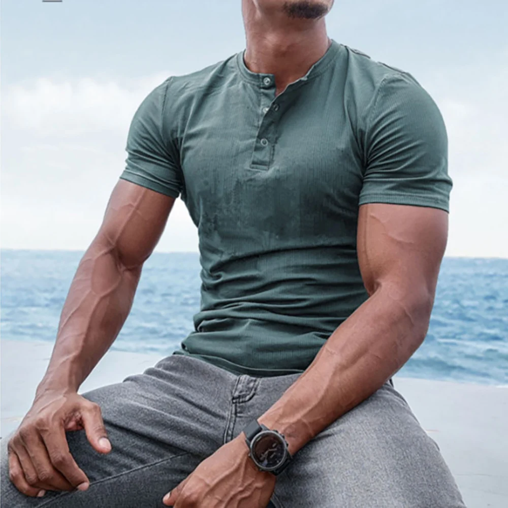 Men's T-Shirt Henley Stretch Slim Short Sleeves Male Summer Clothing Solid Color Causal Men T Shirt Tops O-Neck Pullover Tee