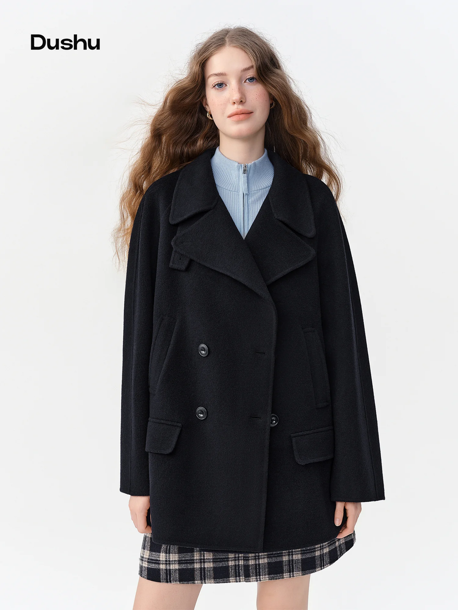 DUSHU Old Money Elegant Style Short Wool Coat Women New Winter 2026 Style Loose Fit Double-sided Wool Coat Navy Blue