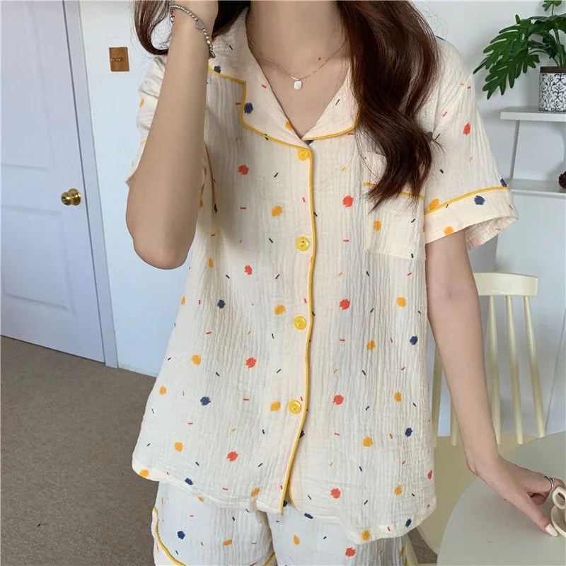 2024 New Summer Women Pajama Sets Korean Style Girls Short Sleeve Sleepwear Orange Print Pijamas Student Cute 2 Pieces Home Suit