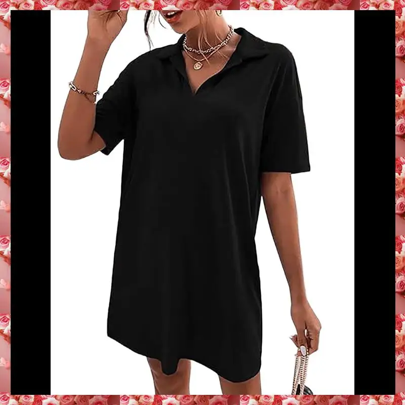 فستان نسائي صيفي برقبة على شكل حرف V صيفي بأكمام قصيرة وفضفاض غير رسمي بياقة تي شيرت