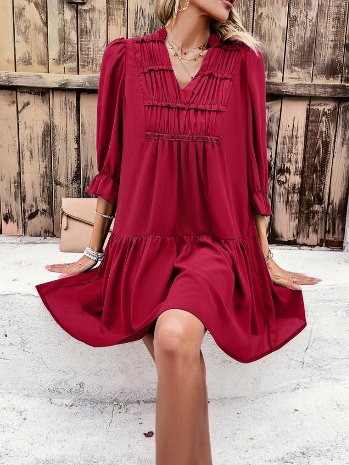 

Solid Color Casual V-Neck Short Skirt Basic Style Temperament Half Sleeve Loose Thin Style Fashionable Lantern Sleeve Dress