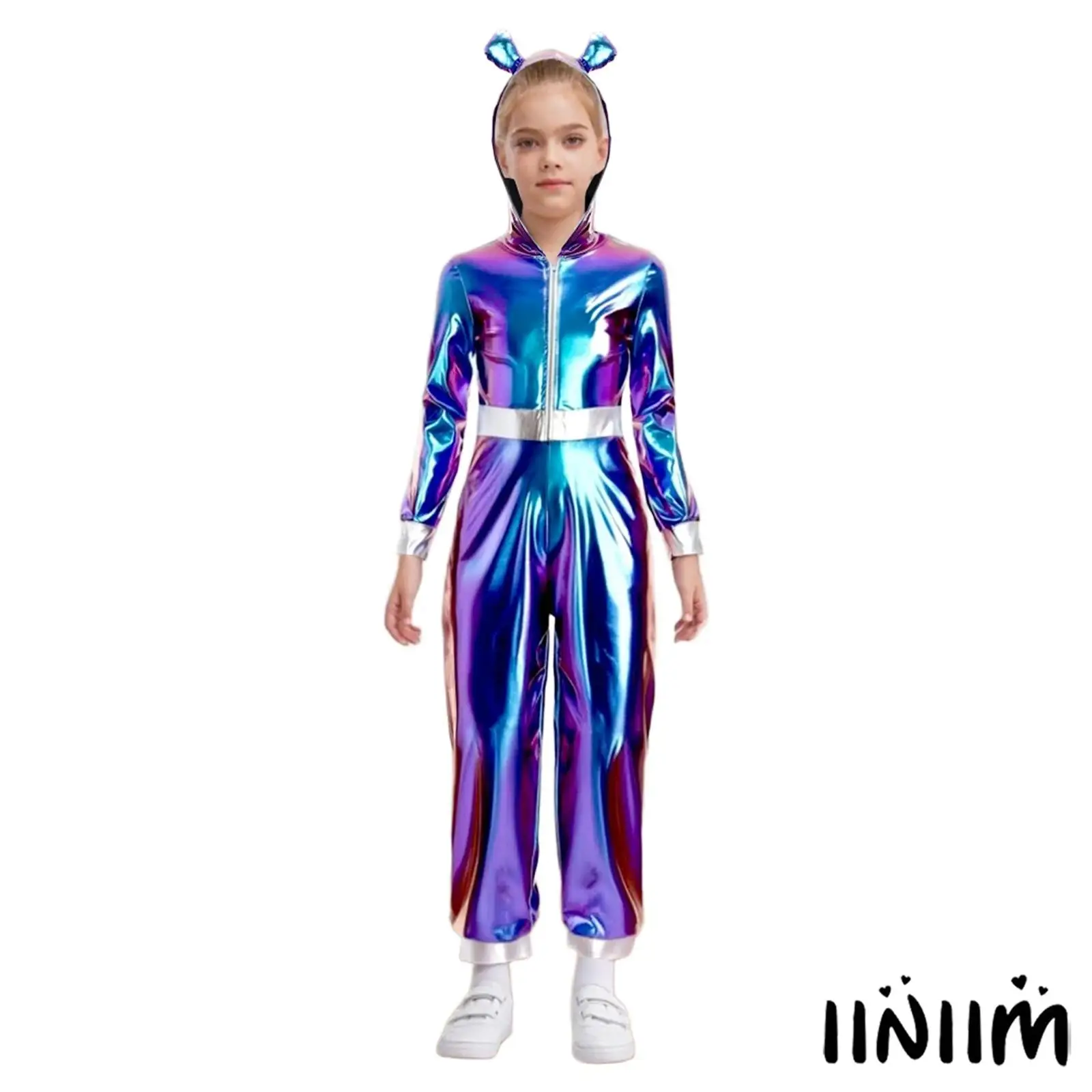 

Kids Girls Halloween Astronaut Alien Cosplay Jumpsuit Long Sleeves Shiny Metallic Zipper Rompers Carnival Role-play Bodysuit