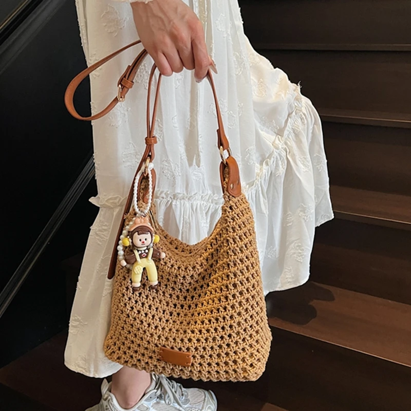 

Women Cotton Thread Weaving Handbag Summer New Woven Shoulder Bag Seaside Vacation Beach Tote Bags Bohemian Style Tote bags