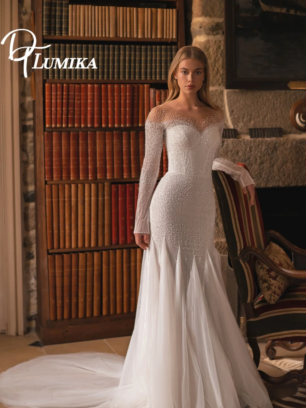 

Stylish Long-Sleeve Beaded Wedding Dress 2026 Romantic Dazzling Church Bridal Gown Fashionable Mermaid Floor-Length Bridal Dress