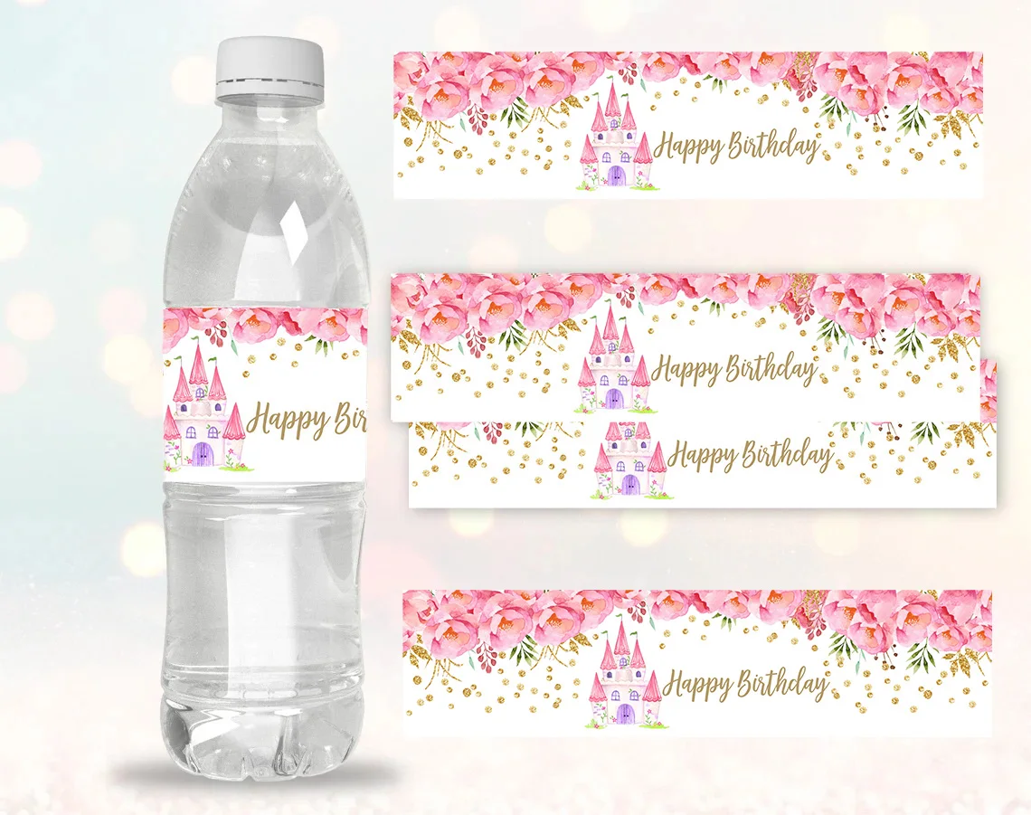 Pink Castle Water Bottle Labels for Disney Princess Party Supplies Birthday Decorations Stickers for Girls Baby Shower Party