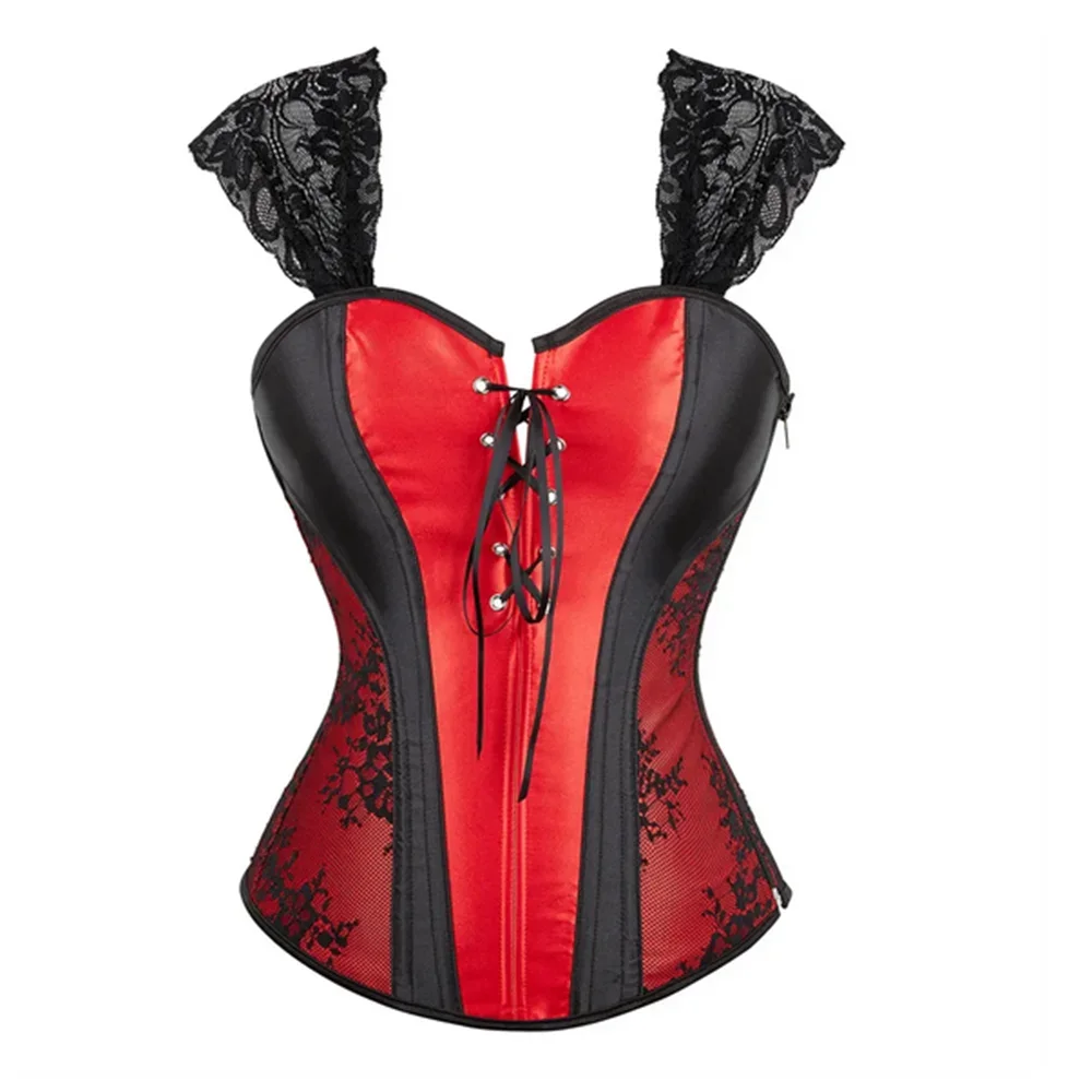 

Women Vintage Overbust Corset Tops With Straps Zipper Gothic Victorian Lace-up Boned Bustier Sexy Slimming Waist Shaping Korset