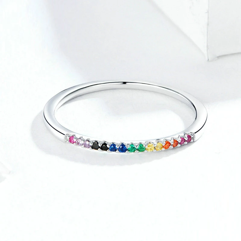 LEKANI Real 925 Sterling Silver Pink Rainbow Crystal Wedding Party Female Rings  Simple  Zirconia Round Fine Original Jewelry