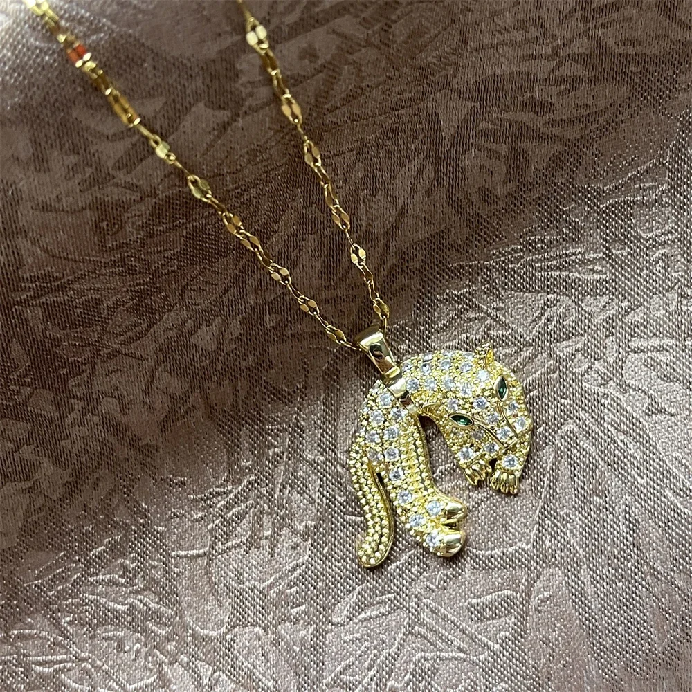 Hip Hop Leopard Stainless Steel Chain Necklace Personality Zircon Filled Titanium Steel Leopard Animal Jewelry For Women