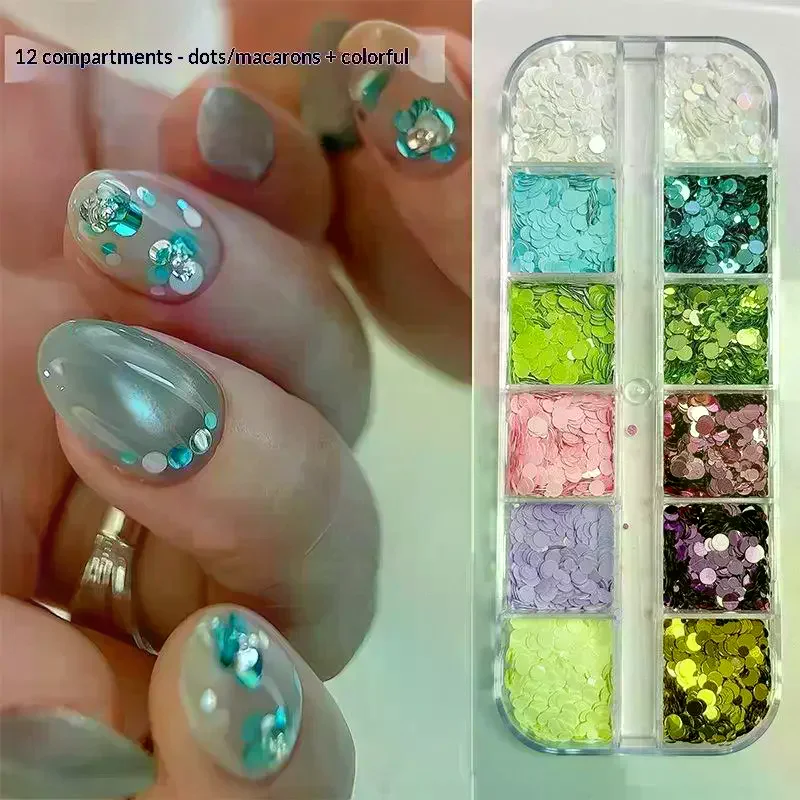 12 Grids Mixed Mini Circular Colorful Nail Glitter Wave Point Sequin Sparkling Flower DIY Nail Decoration Nail Charms