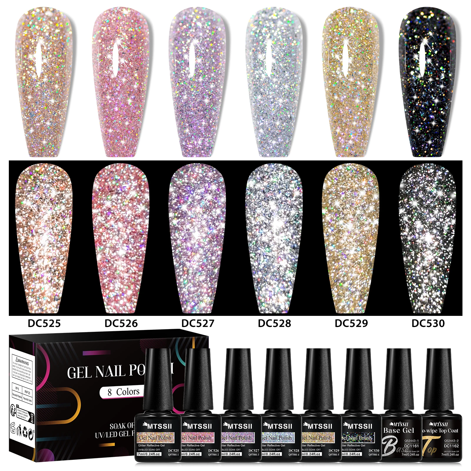 Mtssii 8PCS 7ml Glitter สะท้อนแสงเจลเล็บชุดประกาย Soak Off UV LED ทองเงินสีดําสีชมพูเจล Polish Starter Kit