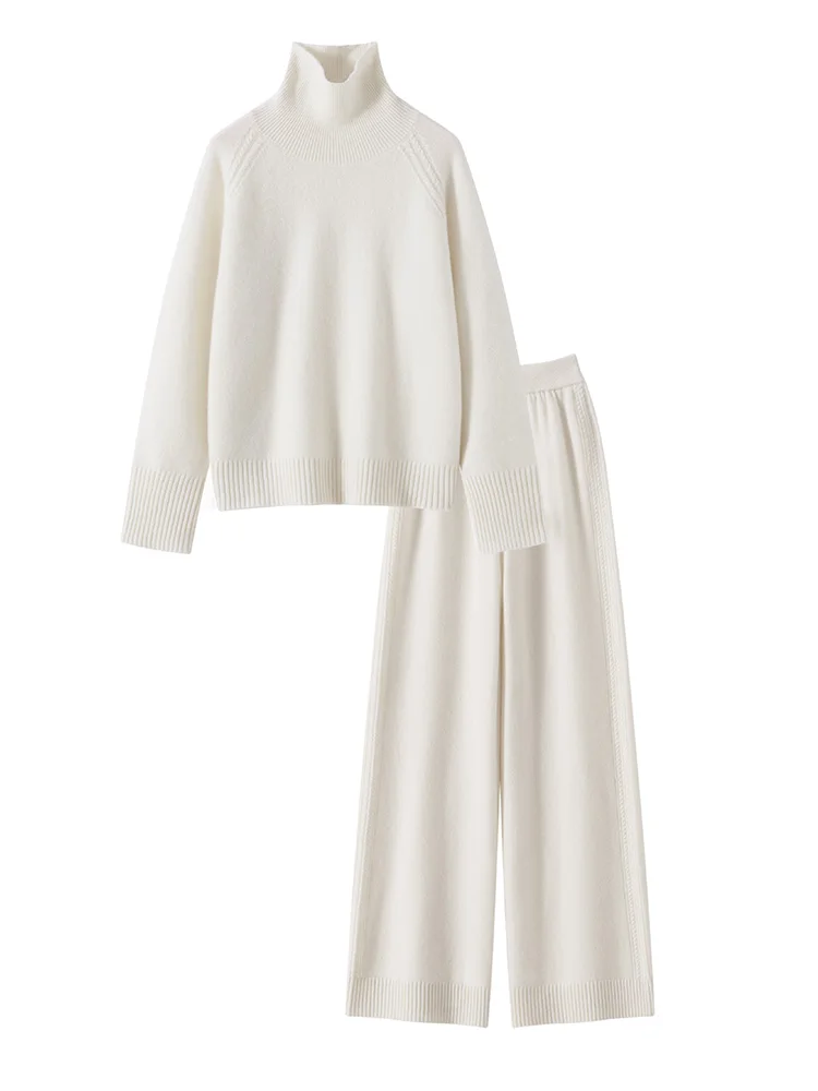 100% Cashmere Suit Autumn Winter Women's Sets Pullover Knitted Sweater O-neck Soild Tops Wide Leg Pants High-end Elegant Comfort