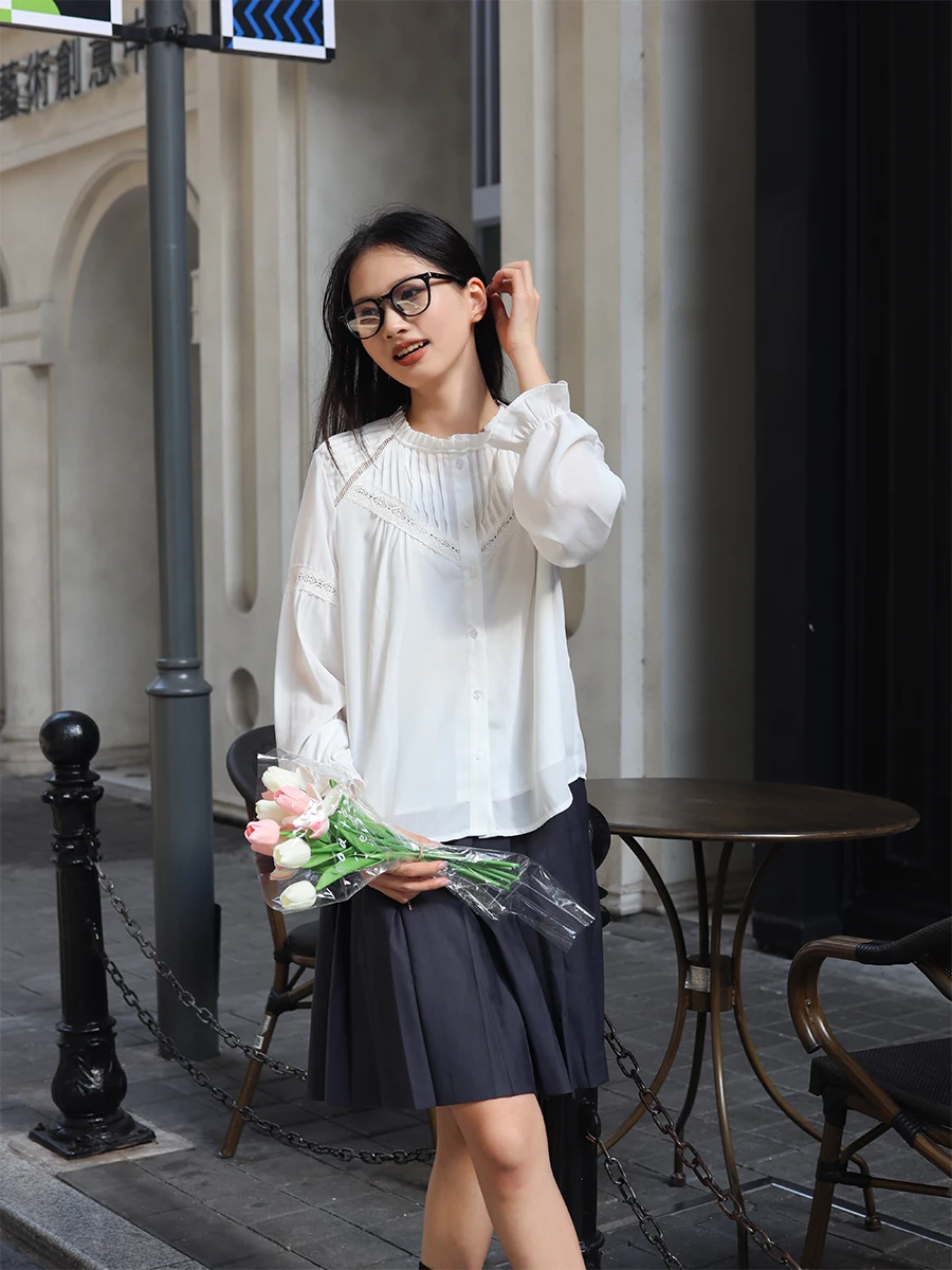 

Элегантная блузка с кружевной отделкой и длинными рукавами, весна 2025, дизайн Chiyoda, женственная, для офиса, из полиэстера, с рукавами-фонариками