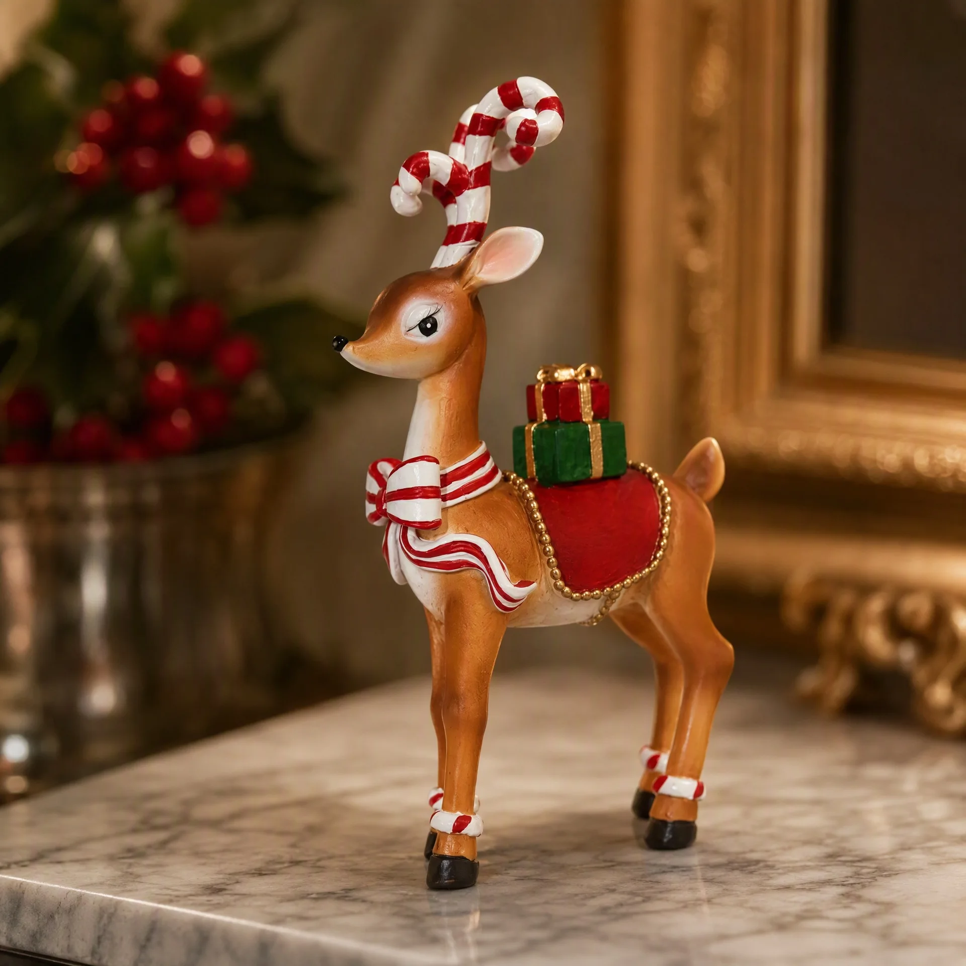 Resin Christmas Reindeer Figurine, Candy Cane Antler Deer Statue With Gift Boxes, Xmas Tabletop Home Decor Ornament