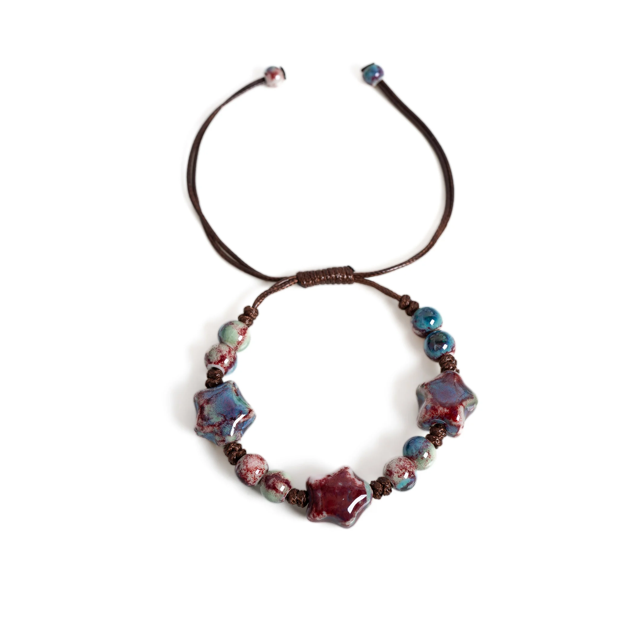 Vintage Stern-Keramik-Armband Handgefertigtes Verstellbares Wachsschnur-Feuerglasiertes Porzellan-Perlenarmband Boho Künstlerischer Schmuck für Frauen