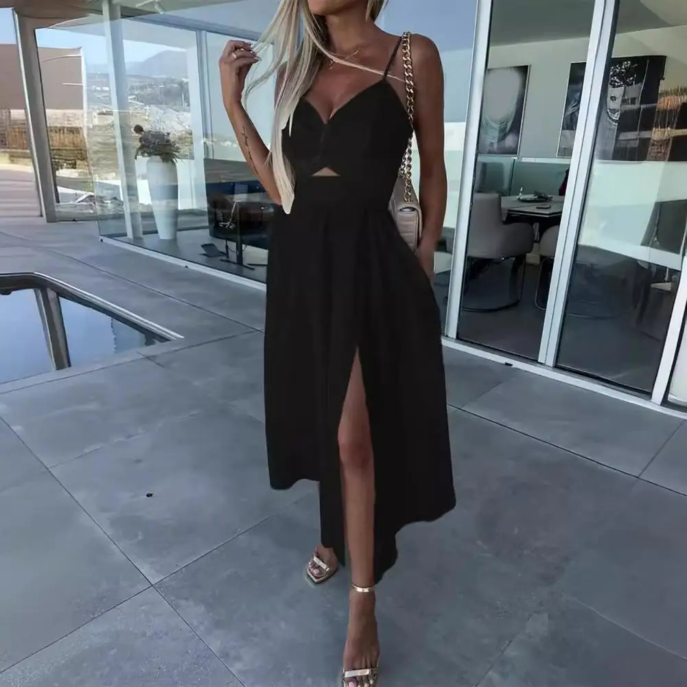 Frauen Urlaub Kleid Sommer Low-Cut V-Ausschnitt Spaghetti träger aushöhlen langes Kleid einfarbig ärmellose Seite geteilt plissiert Kleid