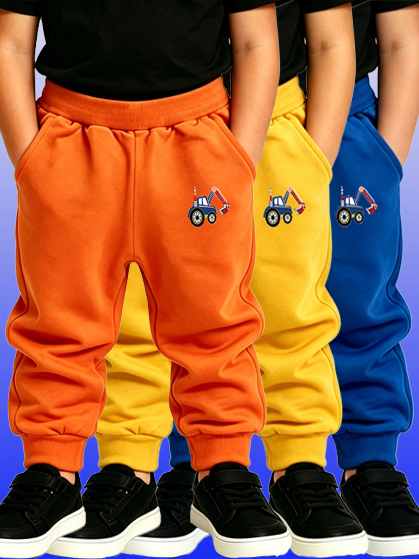 3PCS Children' Pants Boys Glirs Excavator Pattern Student Sweatpants Orange Black Blue Comfortable Sports Jogger Daily Trousers