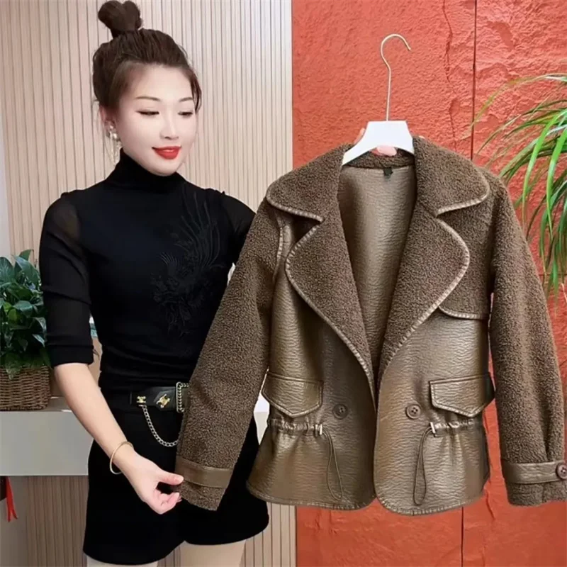 Women Short Leather Coat Both Sides Autumn Winter New Fur Integrated Velvet Leather Jacket Loose Jackets Plus Size Outerwears