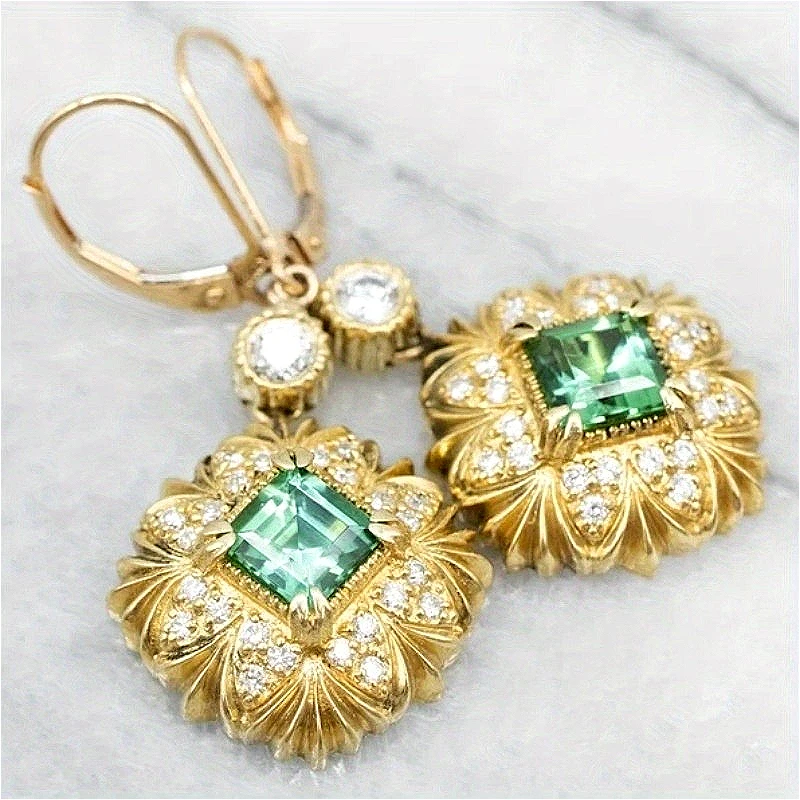 Temperament Sparking Inlaid Green Synthetic Zirconia Dangle Earrings for Women Elegant Wedding Party Jewelry Accessories Crafts