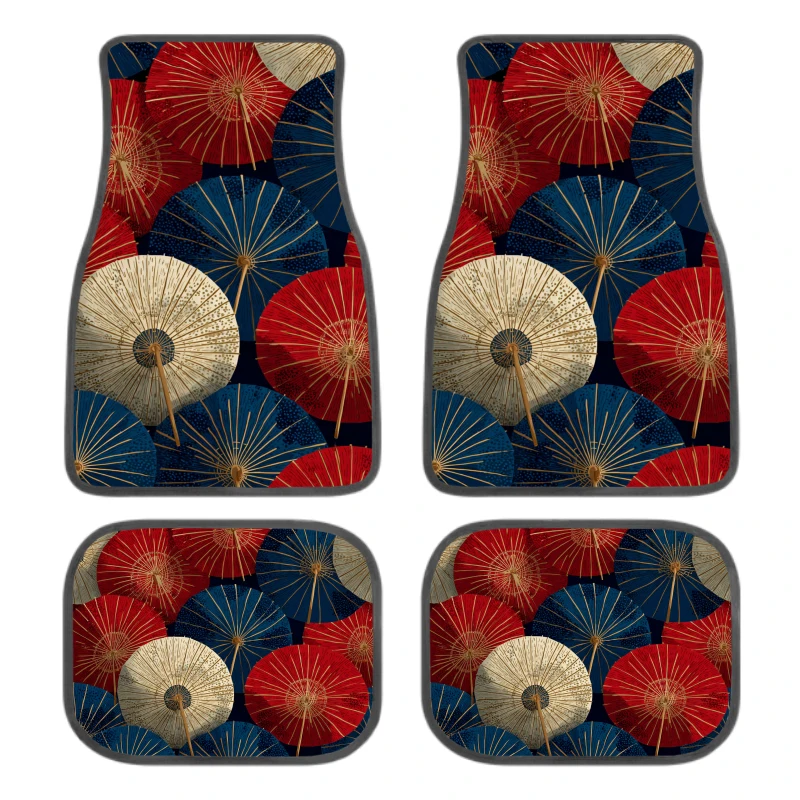 Set Of 4 Non-Slip Car Floor Mats Featuring A Classic Japanese Umbrella Design, Suitable For Front And Rear Use. These Decorative