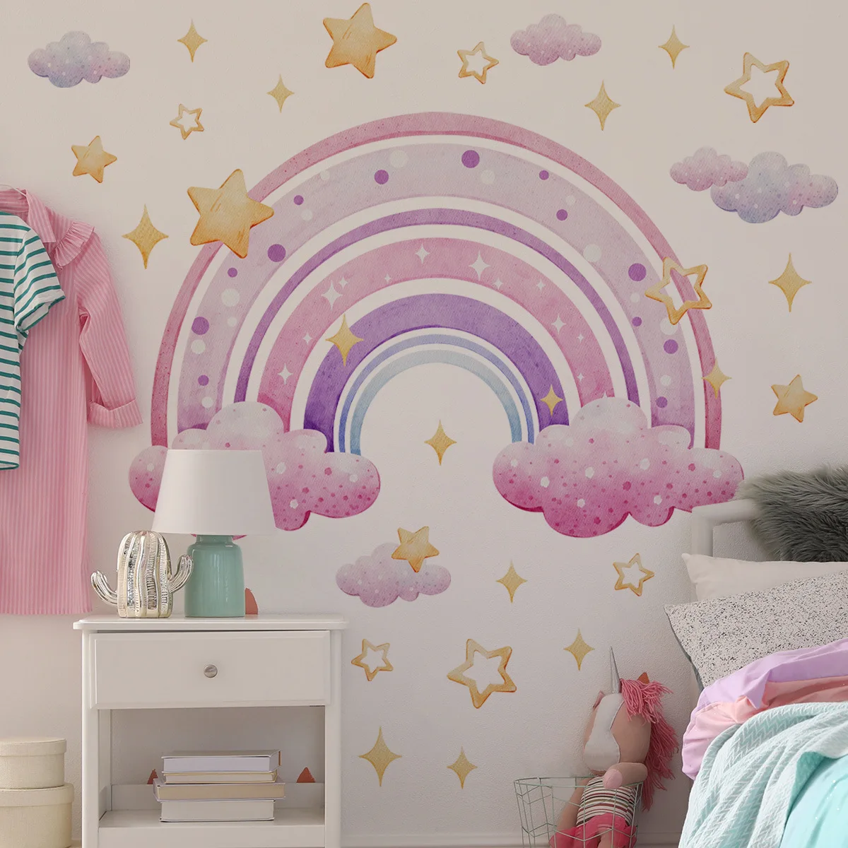 Colorful Rainbow Stars Cloud Wall Sticker for Kids Baby Room Background Mural Bedroom Home Decoration Removable Cartoon Decals