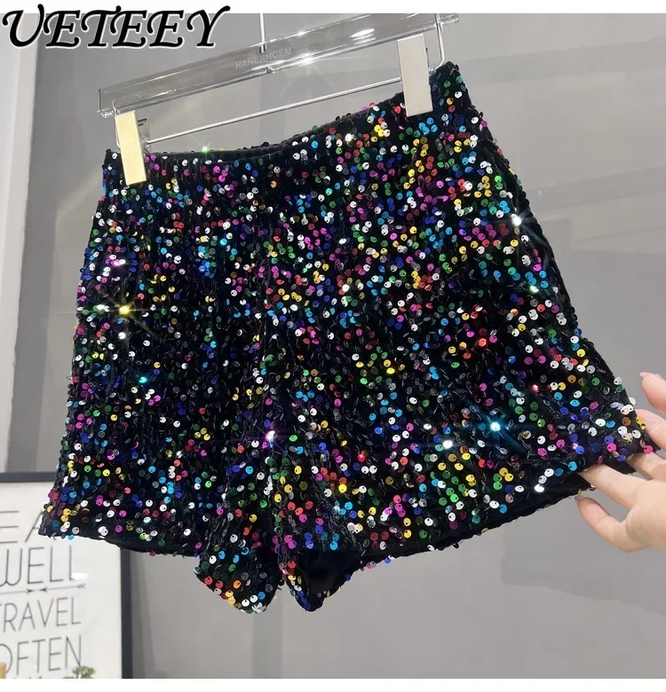 

European Sequined Black Shorts Elastic Waist Slim Fit Embroidered Beads Casual Shorts Nightclub Hot Pants Women Have Pockets