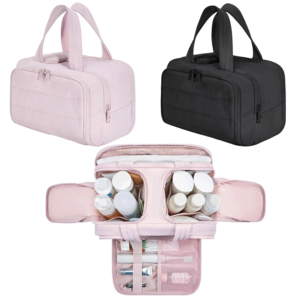 New Large Capacity Makeup Bag Handheld Toilet Bag Portable Fluffy Wide Opening Cosmetic Bag Partition Travel Toilet Organizer