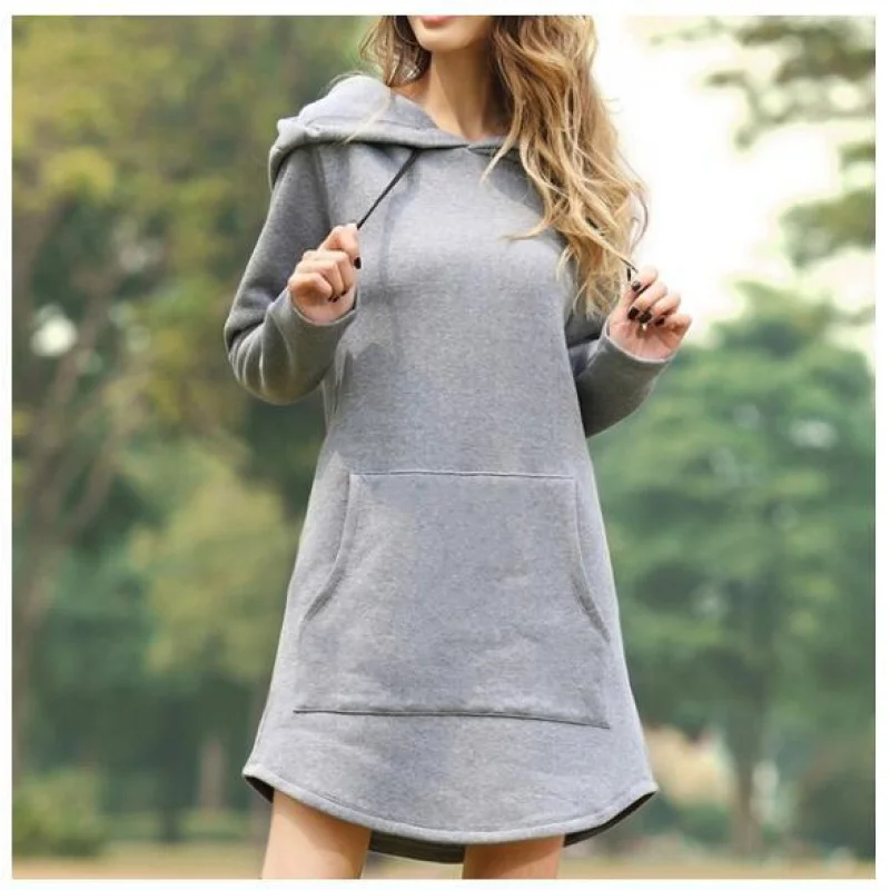 Women Loose Solid Pocket Long Sleeve Hoodie High Quality Dress Drawstring Clothing