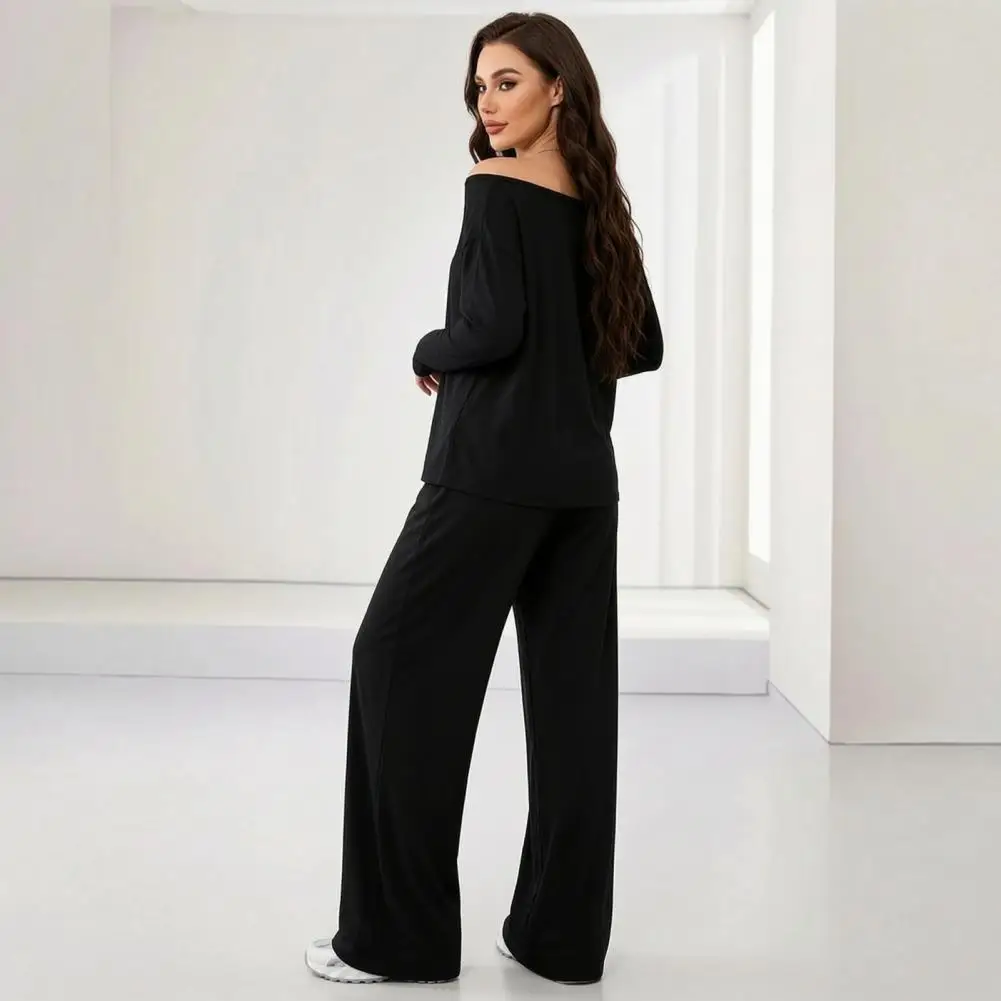 Lounge Sets Women’s Off Shoulder Sweatshirt Set Long Sleeve Top Wide Leg Trousers Solid Color Lounge Outfit for Spring Autumn