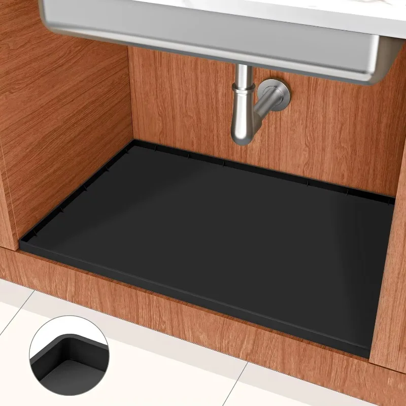 Under Sink Mats for Kitchen Waterproof Under Sink Shelf Liner with Drain Hole Flexible Silicone Cabinet Protector Tray