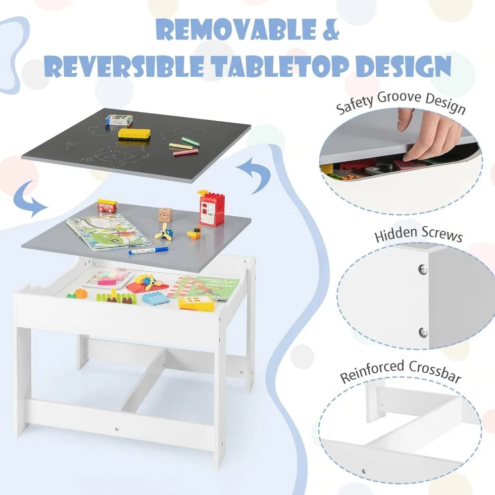 Mesa de atividades infantil de madeira 3 em 1 e 2 cadeiras para artesanato artístico, gaveta e caixa de armazenamento, conjunto de móveis para crianças de 3 peças