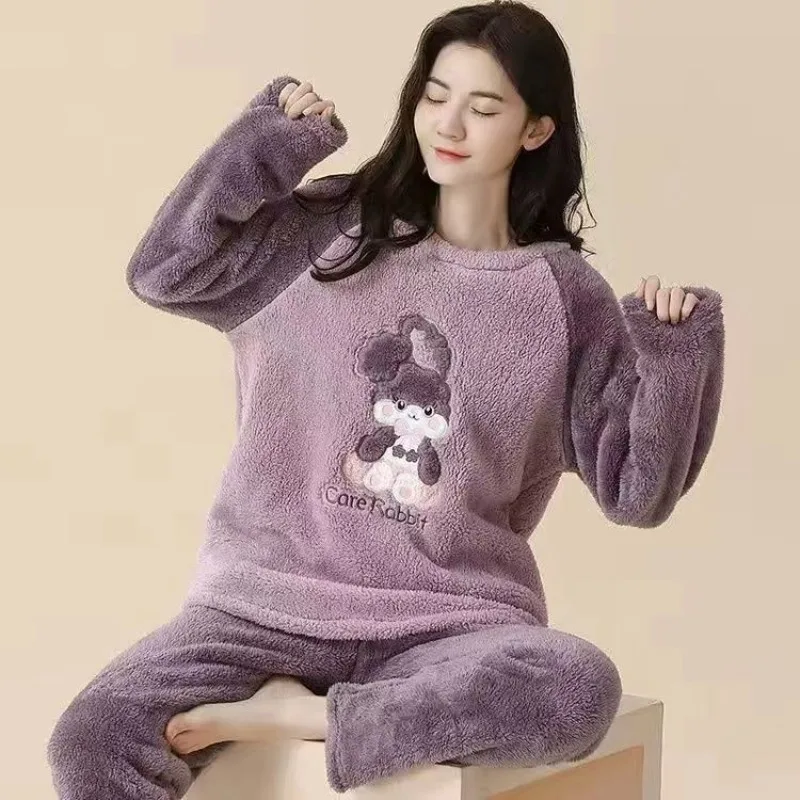 Autumn/Winter Coral Velvet Pajamas Women's Long Sleeve Thickened Women's Flannel Homewear Student Cashmere Two-piece Set Winter