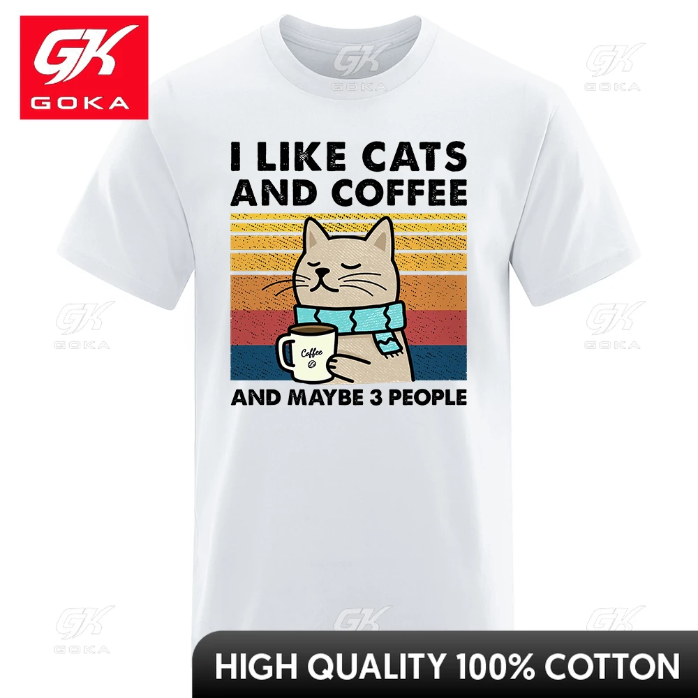 I Like Cats and Coffee Street Funny T-Shirt for Men Fashion Casual Loose Cotton Clothing Crewneck Breathable Tshirt Hip Hop Tees