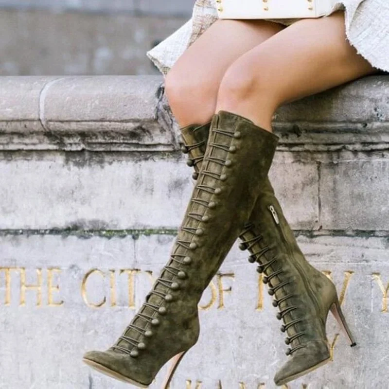 Classic Stilettos Buttons Knee High Boots Olive Green Suede Stretch Women Modern Boots Pointed Toe Winter Tall Boots