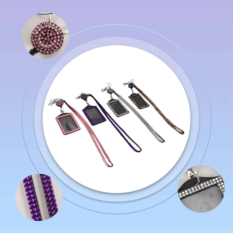 ●4 Sets Rhinestone Lanyard ID Card Holder Crystal Retractable Badge Reel Rhinestone Neck Lanyard Card Holder
