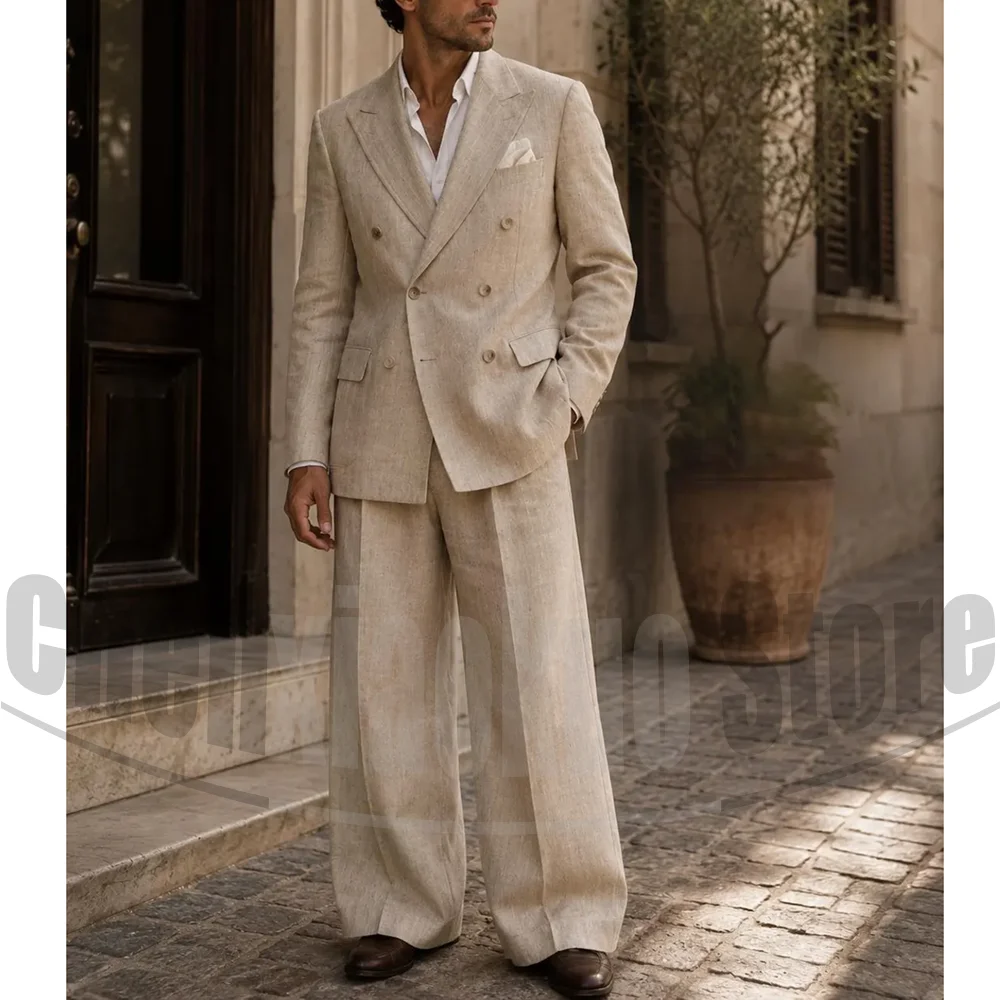 Beige Linen Two Piece Men Suit Peak Lapel Double Breasted Tuxedo Garden Wedding Groom Holiday Bespoke Male Formal Costume Wear