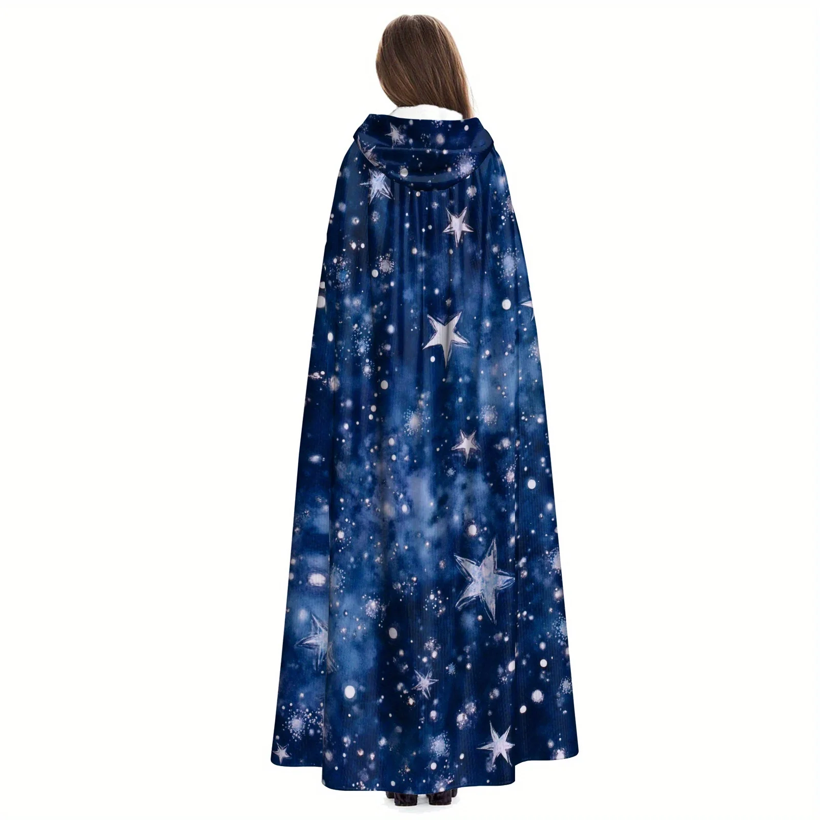 Vintage Star Night Sky Hooded Cape Black Polyester Fantasy Party Festival Costume Machine Washable Unique