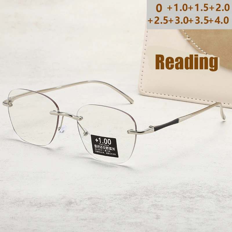 Internet-berühmte photochrome Lesebrille, modischer Trend mit abgeschrägten Kanten und randlosem Design 3004