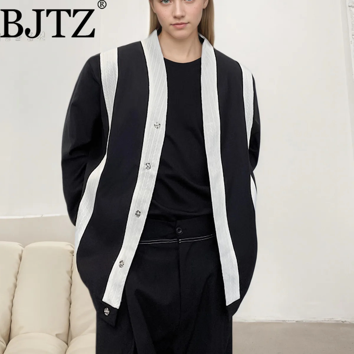 

BJTZ Button Jacket Black White Colorblock 2025 New Arrival Designer Fashion High Quality Casual Streetwear Autumn Fall