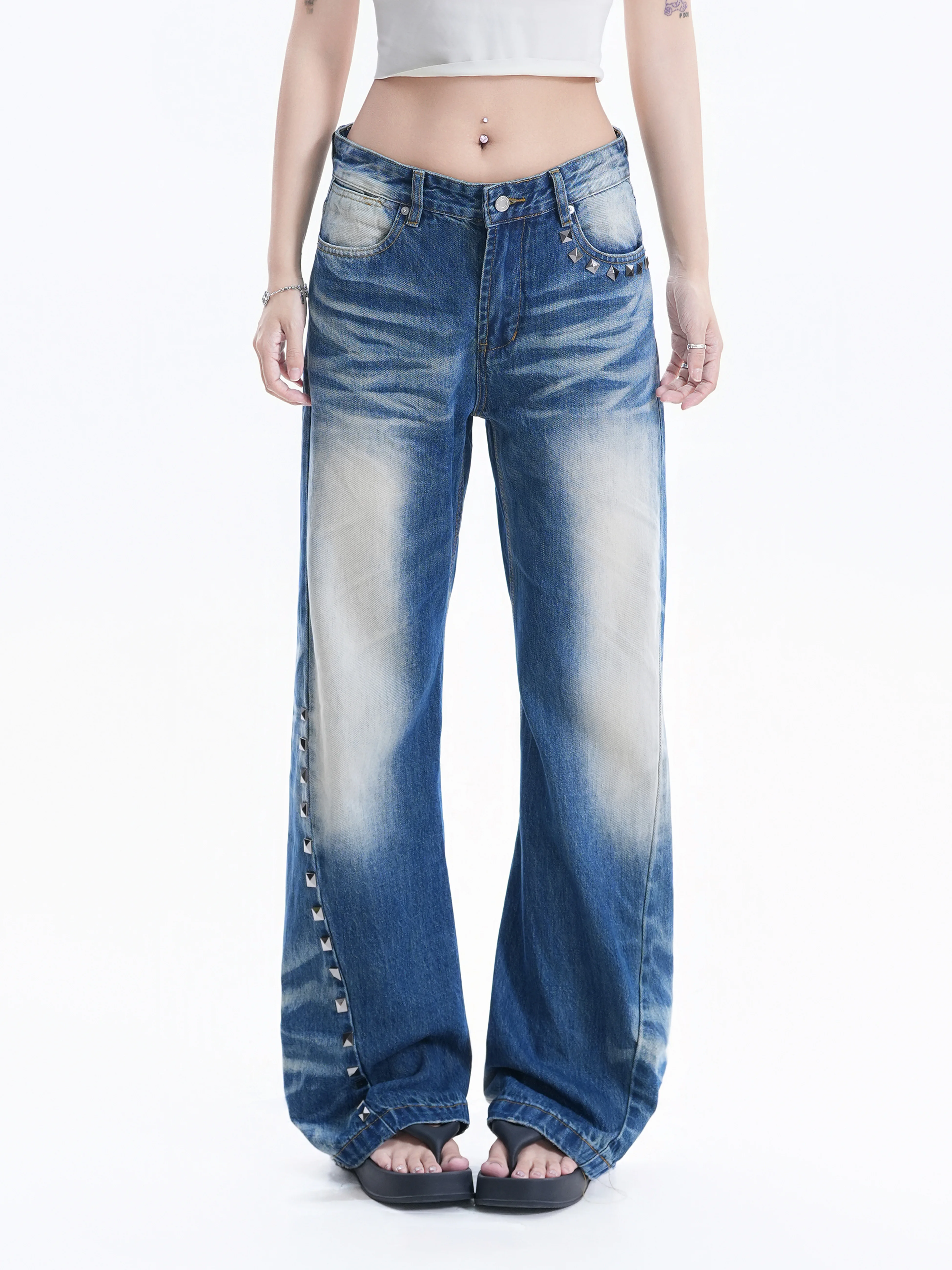 Rustic American Style Women's Jeans Rivetaged Straight Leg Loose Fit Floor-Length Neutral Cotton Denim Summer Ladies Trousers