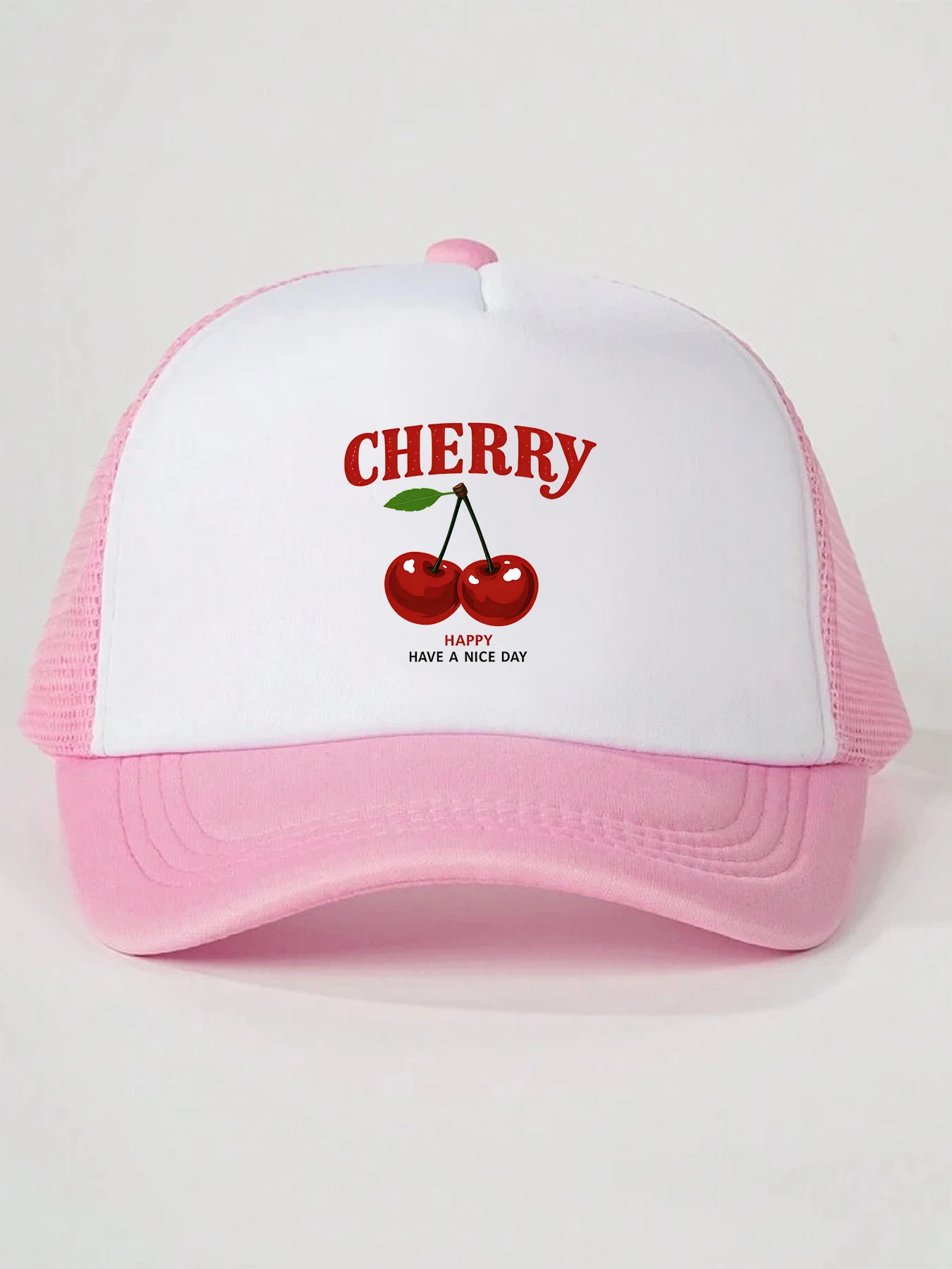 1 piece of "CHERRY" printed cherry pink hat, adjustable baseball cap for couples, breathable mesh cap, suitable for both men and