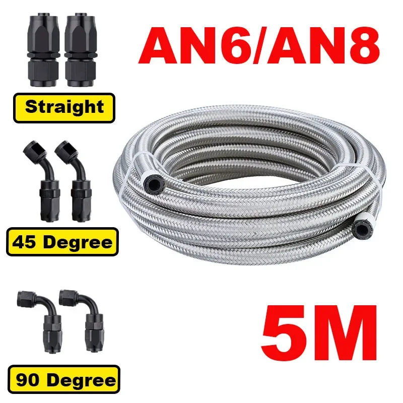 

16FT 5M AN6 AN8 Car Fuel Hose Oil Gas Cooler Hose Line Pipe Tube Stainless Steel Braided Inside CPE Rubber with 6 End Adapters