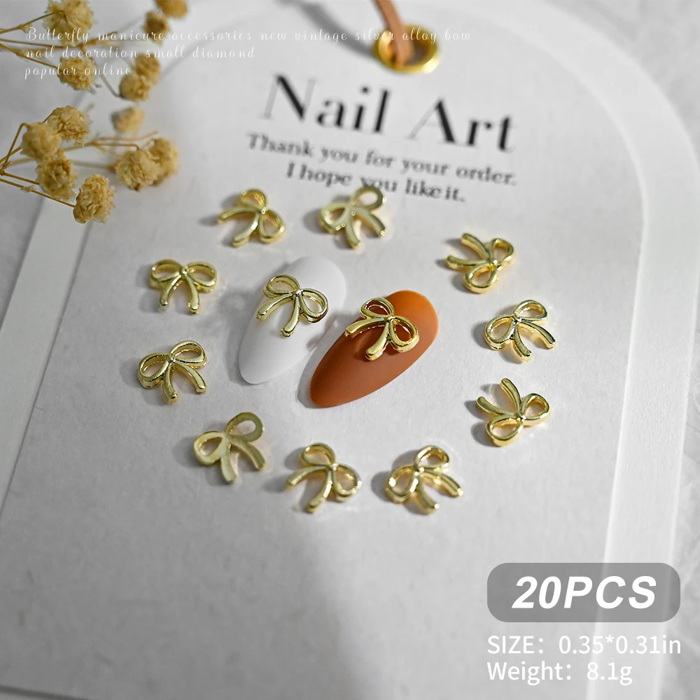 Dijes para uñas de Metal dorado y plateado, joyería de lazo de aleación japonesa 3D, decoración de diamantes de imitación para manicura Acc, 20/10