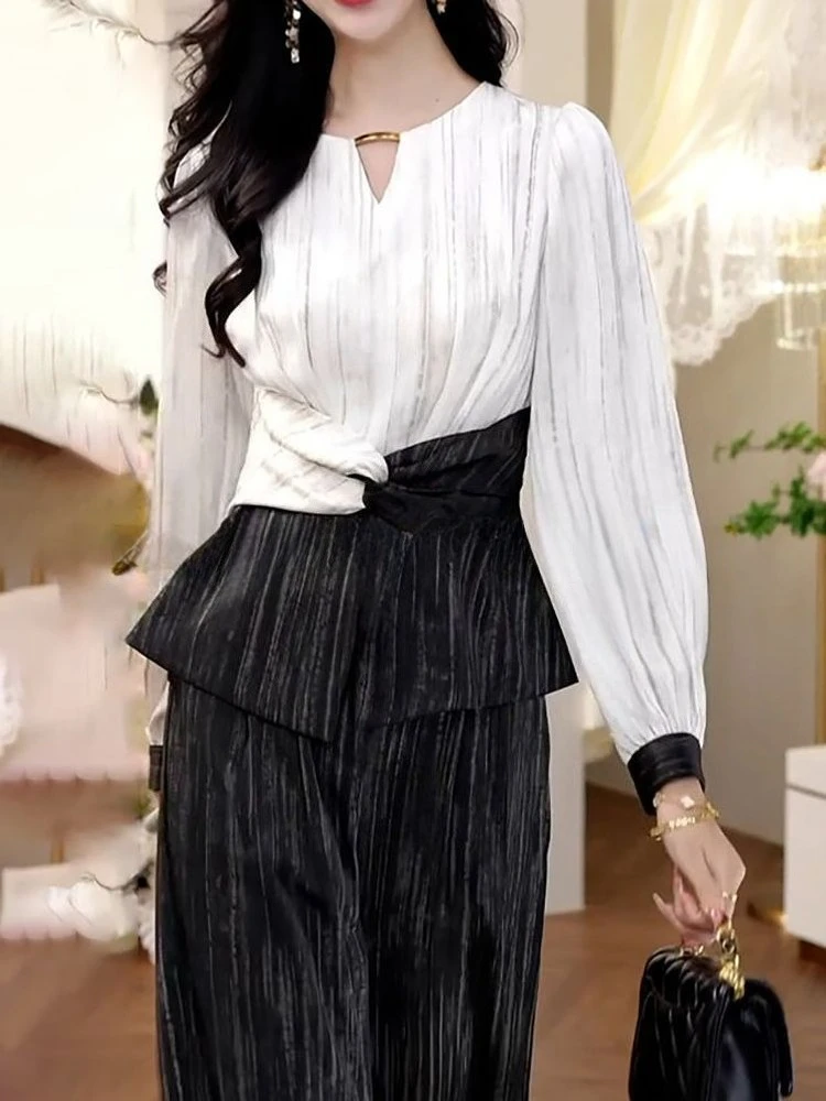 

Women Elegant Two Piece Set Autumn New Color Blocking Slimming Round Neck Blouse+High Waist Wide Leg Pants Temperament Set