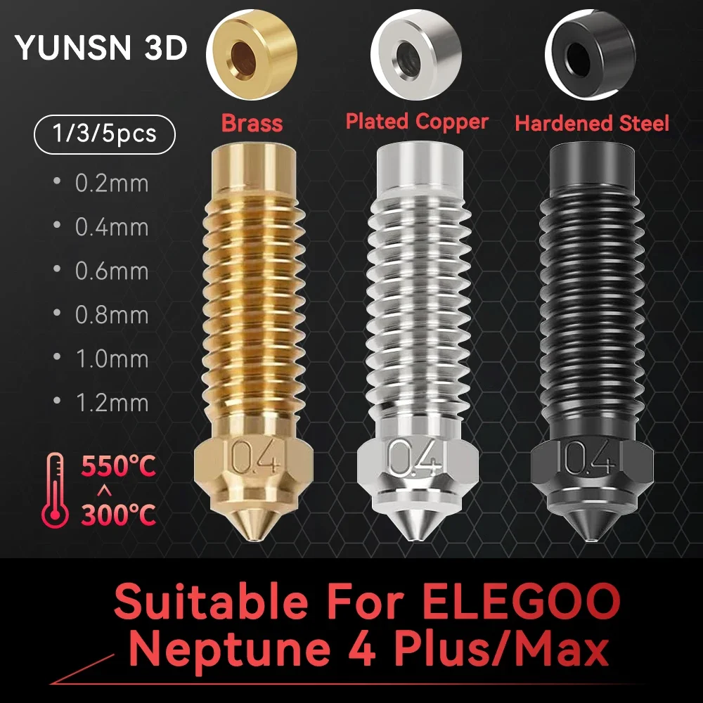 1/3/5pcs for Elegoo Neptune 4 Plus/4 Max Nozzles Brass Plated Hardened Steel High Precision and Quality, 0.2/0.4/0.6/0.8/1.0mm