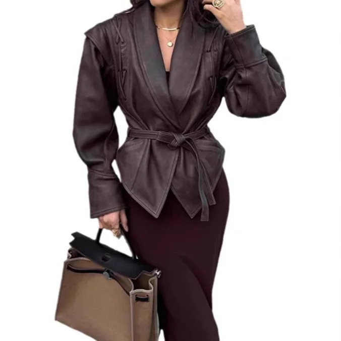 Damska kurtka skórzana z długim rękawem, luźna, uniwersalna, z dużym kołnierzem i ozdobnym wiązaniem, nowość 2025.