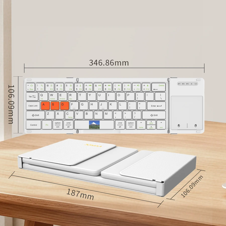 Portable Bluetooth Wireless Touchpad Keyboard with Foldable Design,Rechargeable 64Key Full Size Wireless Keyboard for Win/Mac OS