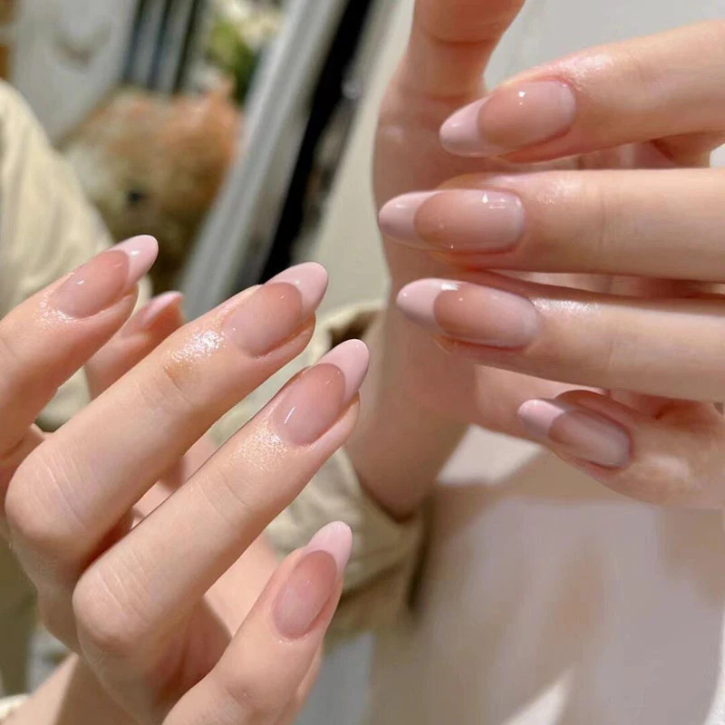 10Pcs Naked Gradient French Tip Nails Press On Medium Almond Fake Nails Full Cover False Nail Wearable Manicure Nail Art Tips