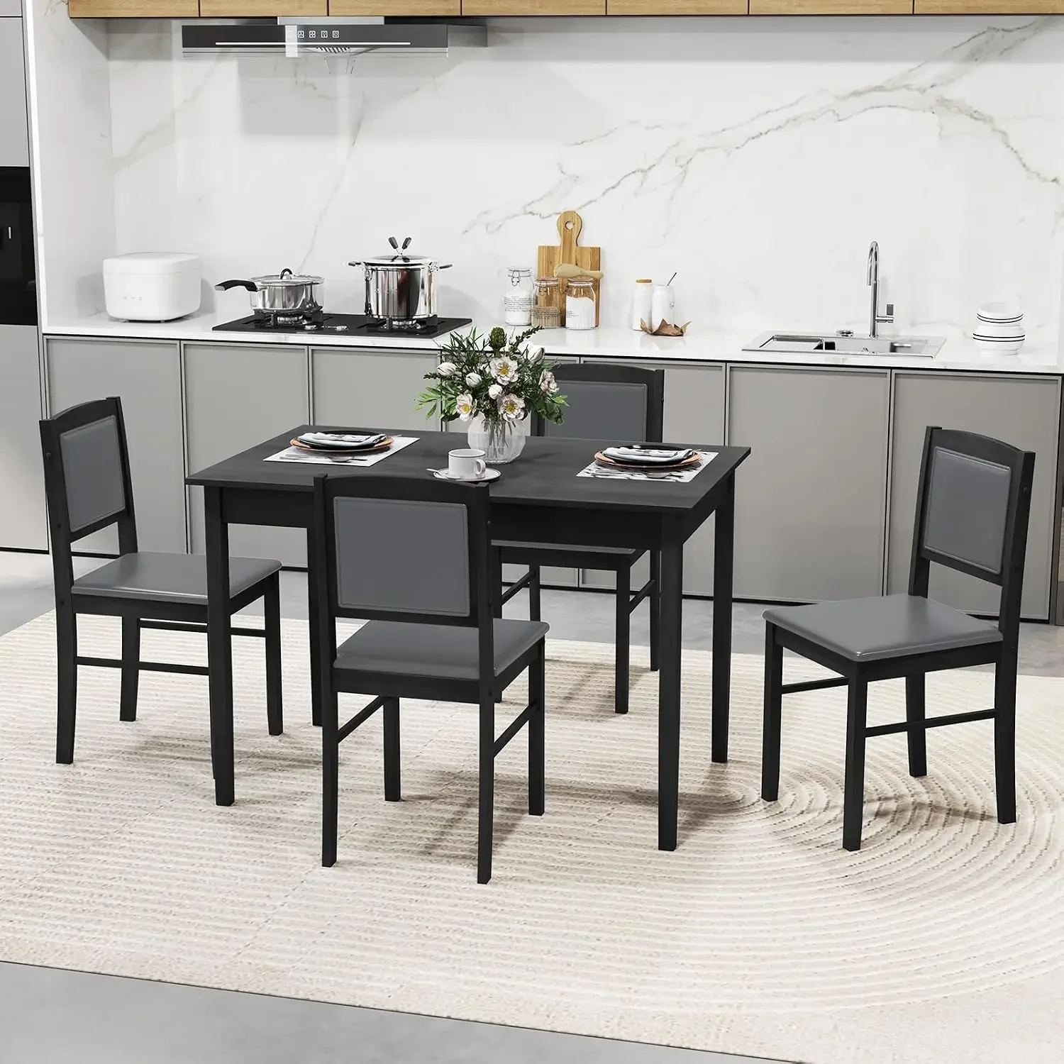 5-Piece Dining Table Set for 4, Rectangular Kitchen Table & 4 Chairs with Solid Wood Legs, Padded Seat & Backrest, Upholstered D