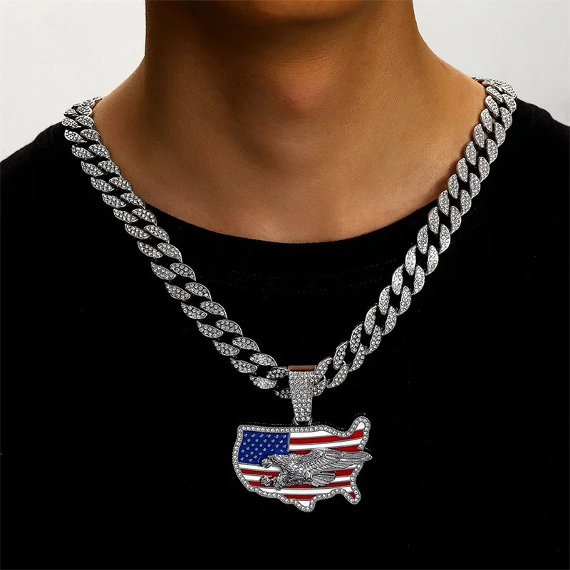 

Men Women Hip Hop Silver Gold Color USA Flag Eagle Pendant Necklace With 13mm Cuban Chain Iced Out Bling Fashion Crystal Jewelry